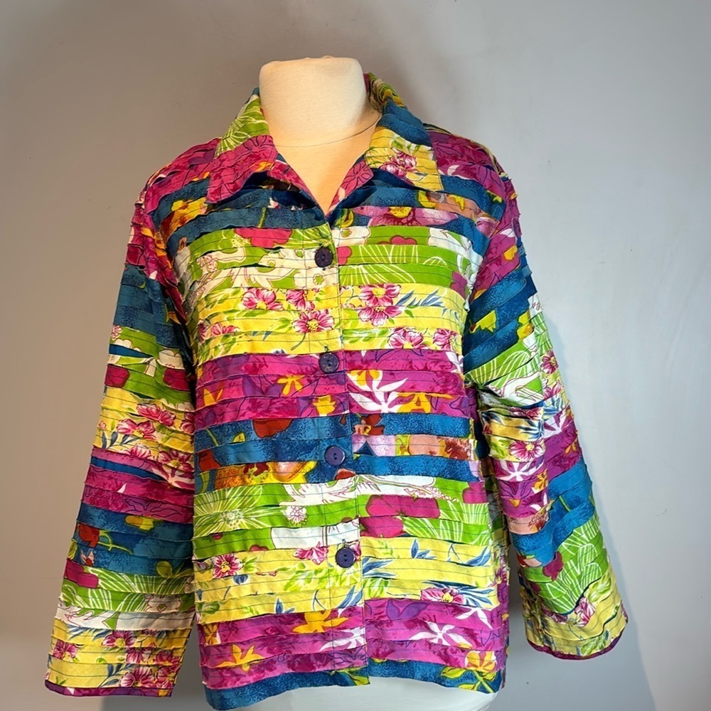 KEREN HART Button Down Jacket Cut and Sew Patchwork Floral Blue Pink size XL